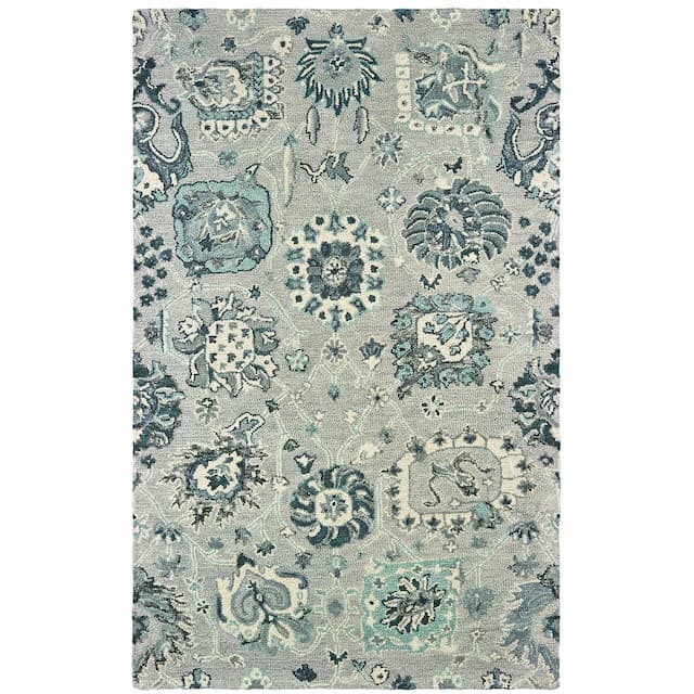 Zahra 75508 Grey/ Blue Hand-crafted Wool Area Rug - 3'6" x 5'6"