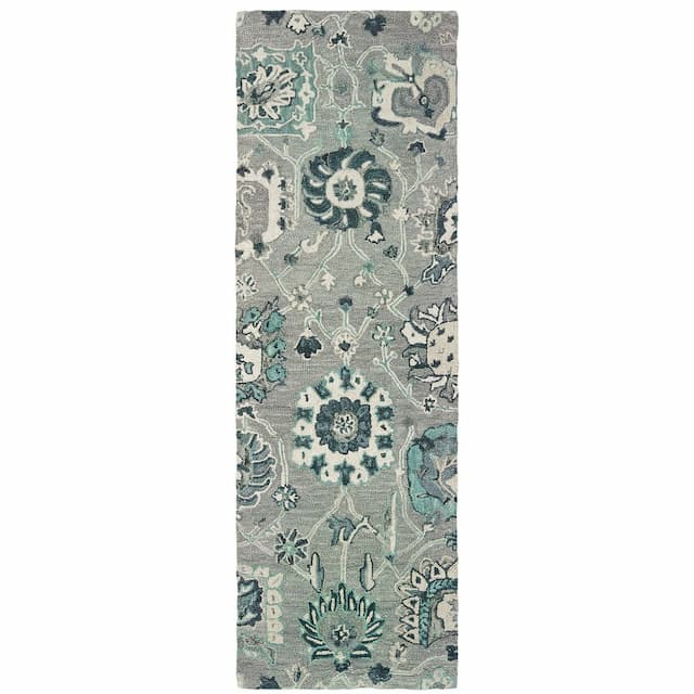 Zahra 75508 Grey/ Blue Hand-crafted Wool Area Rug - 2'6" x 8'