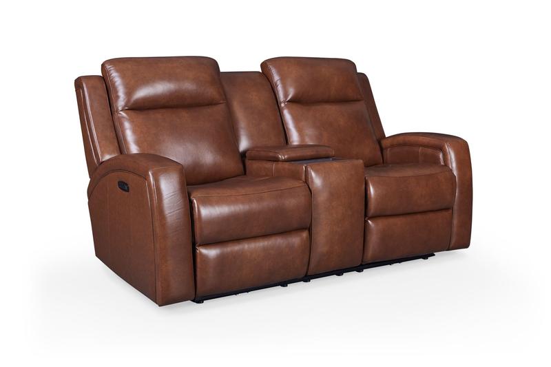 Cheyenne Dual Power Console Lay Flat Leather Loveseat, Saddle