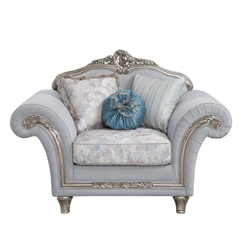 Pelumi Light Gray Linen & Platinum Finish Chair W/3 Pillows
