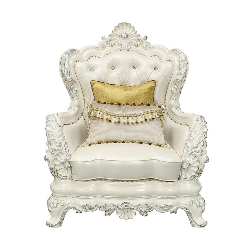 Adara White Synthetic Leather & Antique White Finish Chair W/2 Pillows