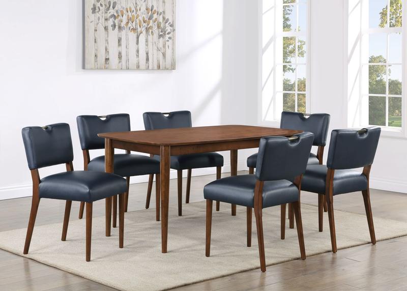 Bonito Midnight Blue Faux Leather 7PC Dining Set in Walnut Finish